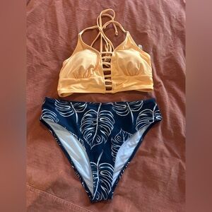 Yellow Strappy Bikini Top and Leaf Print Bottoms